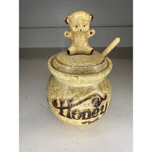 Vintage Pottery Craft USA Honey Pot With Bear Jar Lid And Dipper